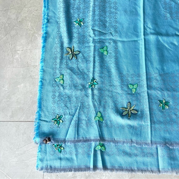 HENRI BENDEL Monogram Sequins 100% Silk Turquoise Blue X Long Wrap Shawl Scarf - Picture 10 of 15